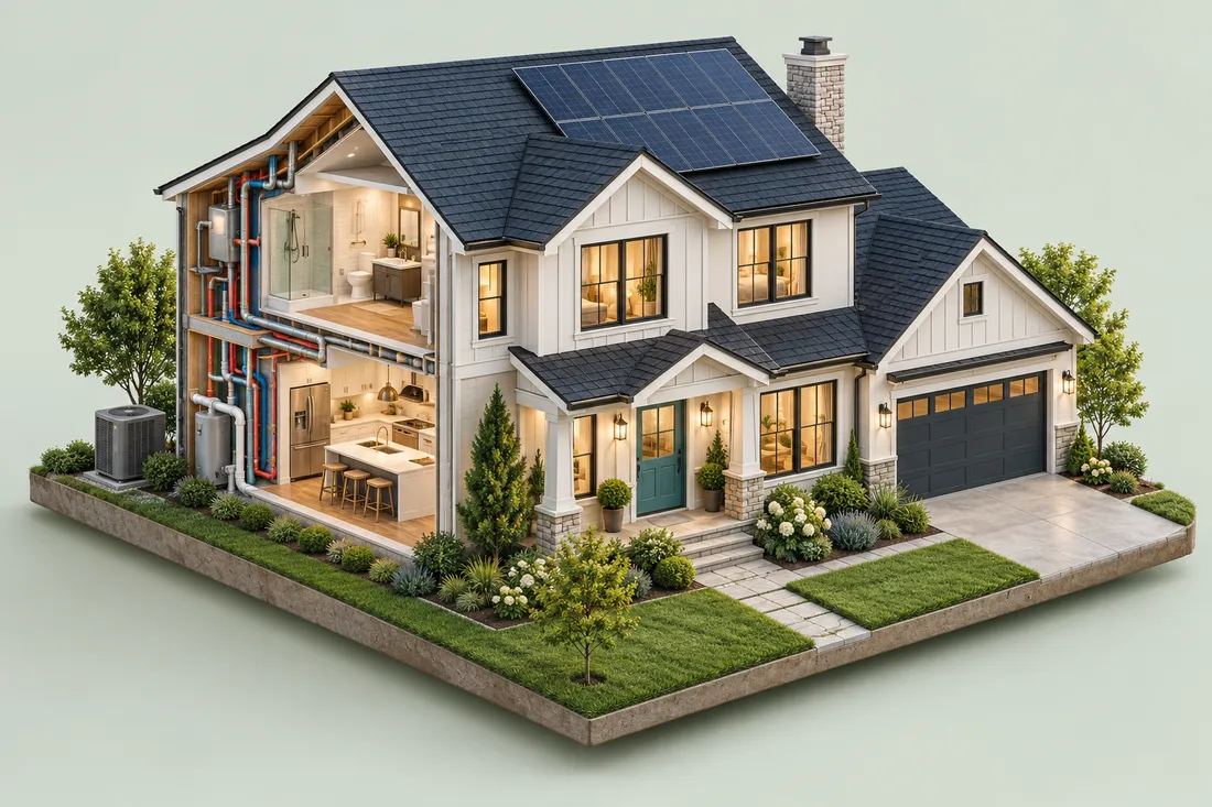 Complete 3D model of a home with plumbing, HVAC, solar panels and garage