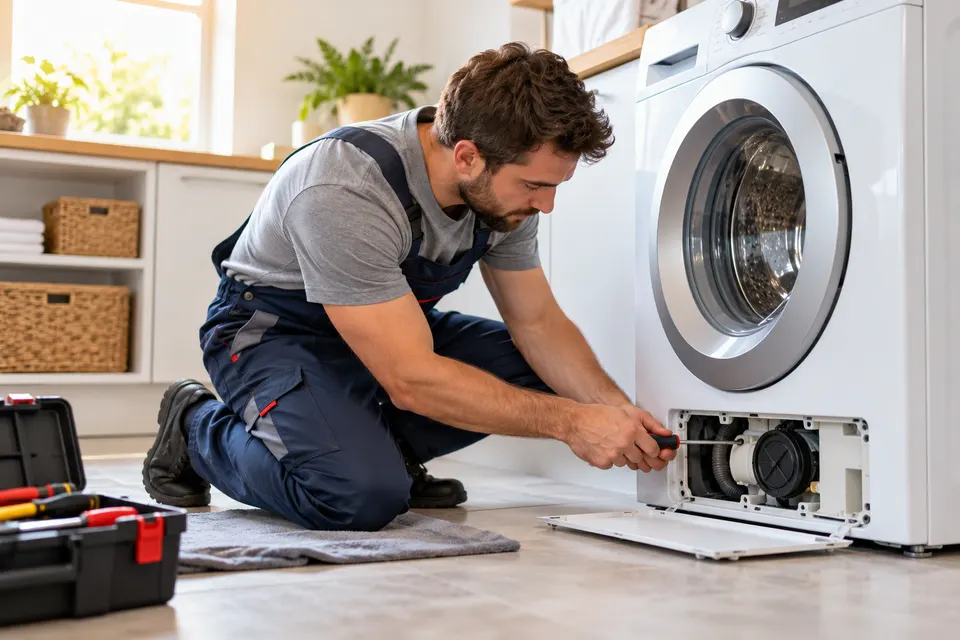 An appliance repair technician kneeling beside a front loading washing machine with its lower service access open, using a screwdriver in a bright laundry room