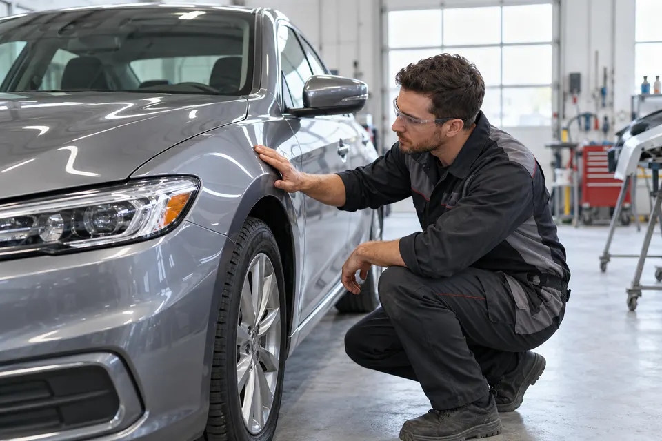An auto body technician wearing safety glasses inspecting a repaired car fender in a bright clean body shop