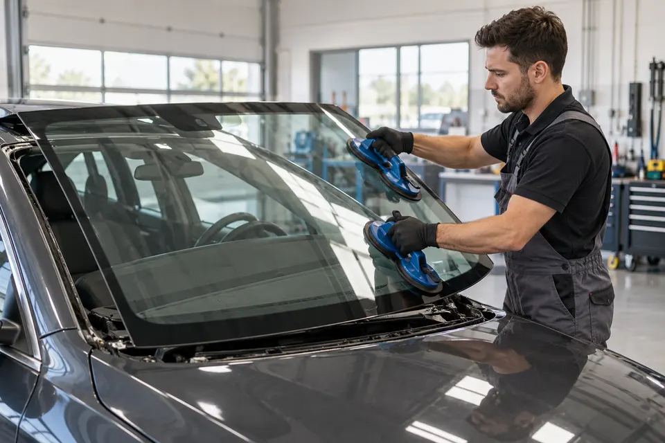An auto glass technician wearing gloves using suction handles to fit a car windshield in a clean workshop