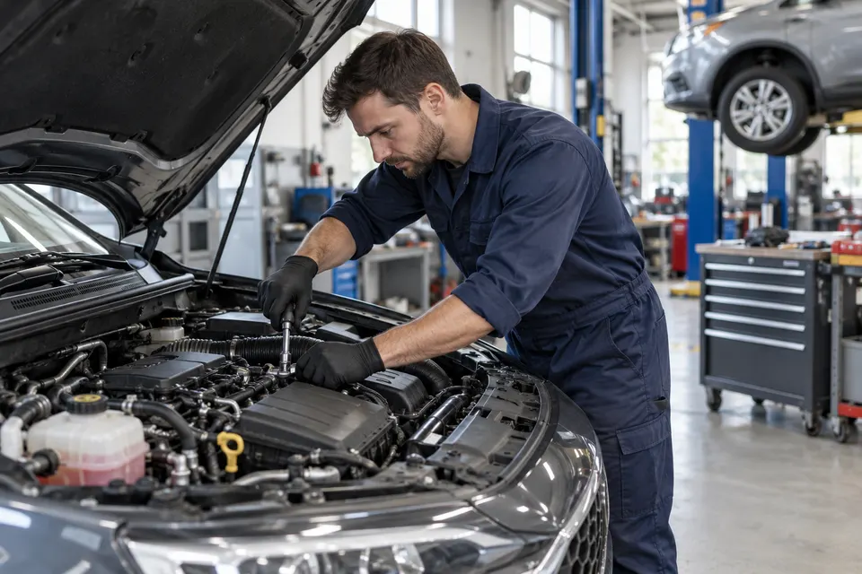 An automotive mechanic in navy workwear checking an engine under an open car hood inside a clean repair workshop