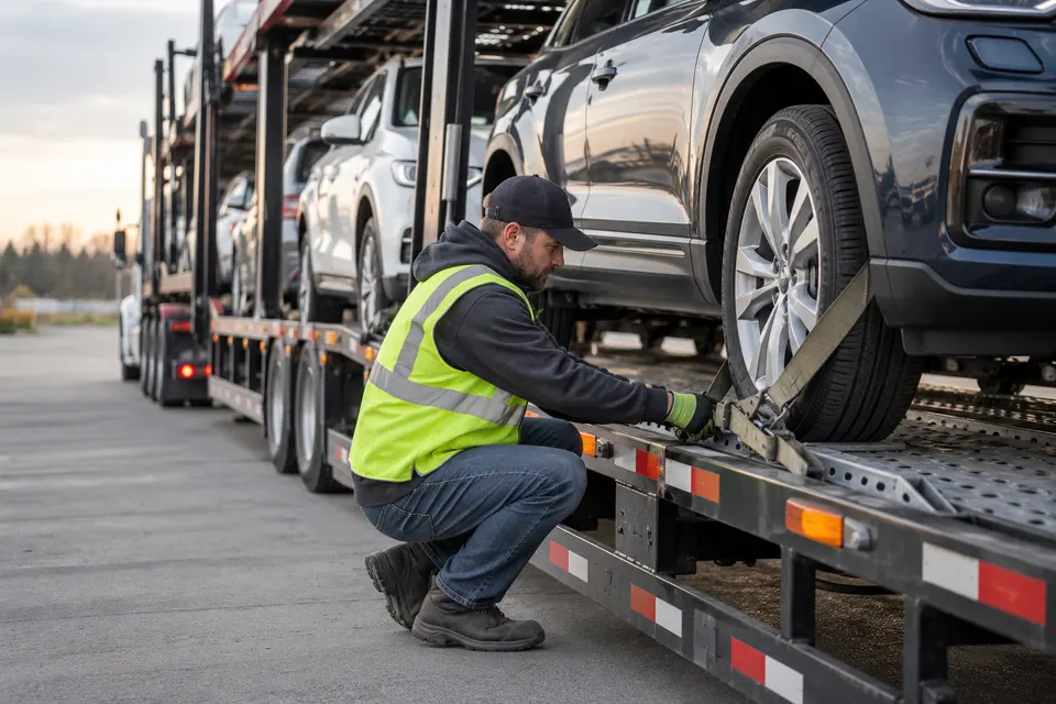 An auto transport operator wearing high visibility vest and gloves inspecting a vehicle secured on a car carrier trailer