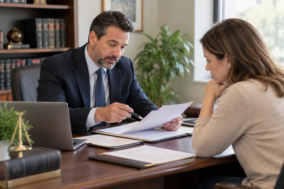 A bankruptcy lawyer explaining financial paperwork to an adult client in a calm private office, no visible amounts or text