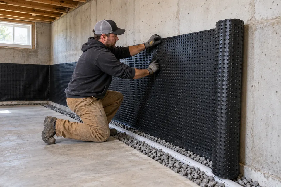 A waterproofing technician in gloves installing a drainage membrane along the inside of a residential basement wall