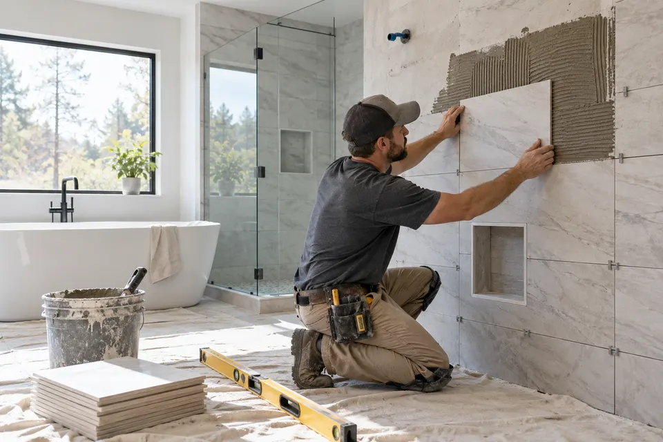 A bathroom remodeler carefully aligning a wall tile in a bright modern bathroom under renovation