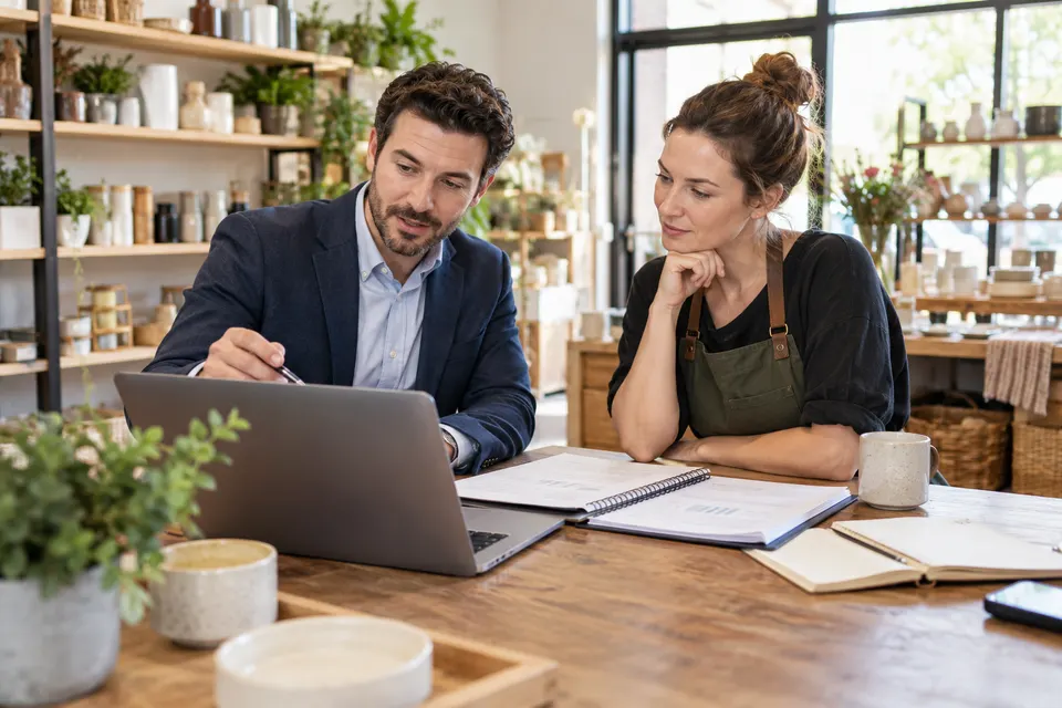 A business funding advisor reviewing a business plan on a laptop with a small business owner in a bright shop workspace