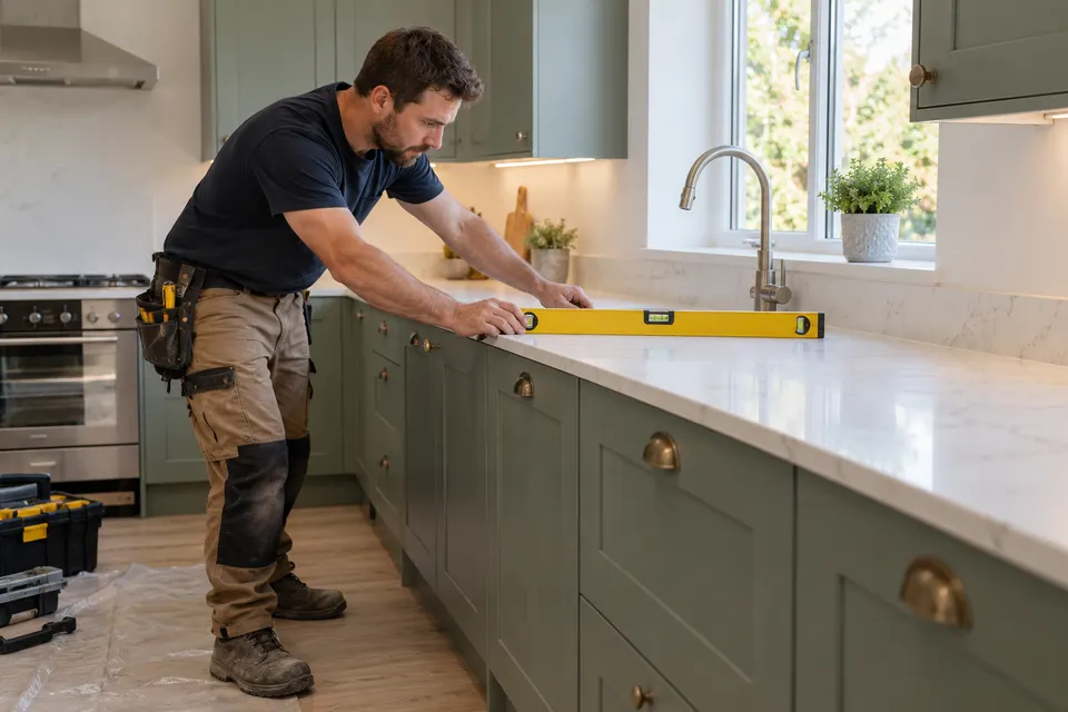 A cabinet installer checking a newly fitted kitchen countertop with a spirit level
