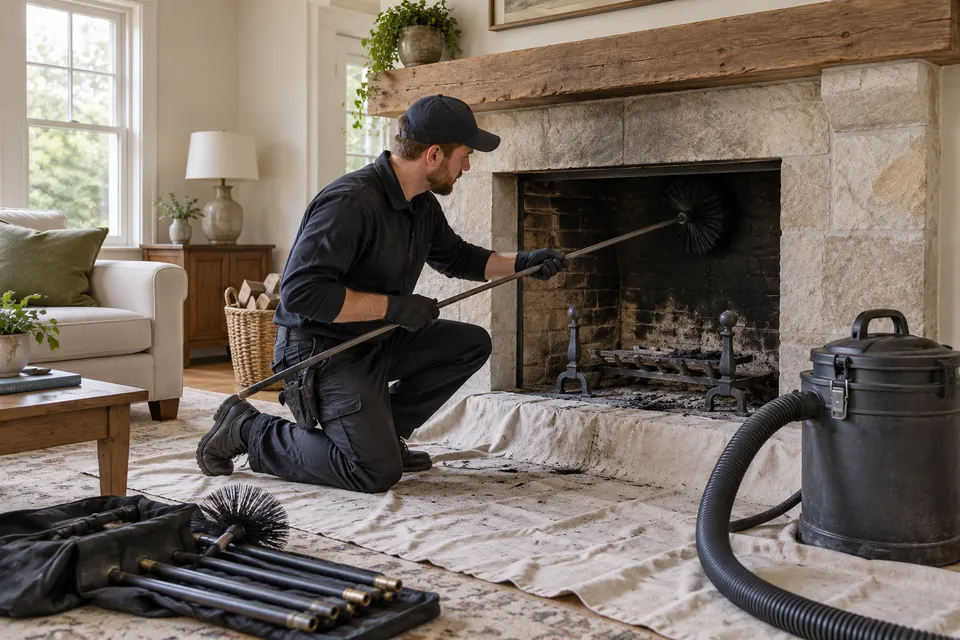 A chimney technician using a chimney brush at an open cold fireplace in a tidy living room, protective floor covering