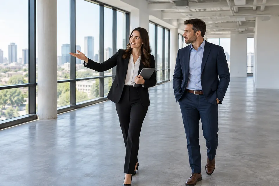 A commercial real estate agent showing a business client an empty modern office space with large windows
