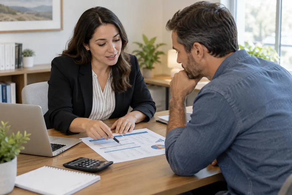 A credit counselor explaining a financial worksheet to an adult client at a clean professional office desk