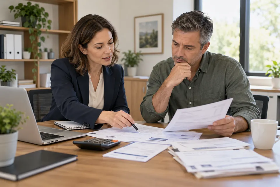 A financial counselor helping an adult client organize household bills at a calm bright office desk, no readable balances