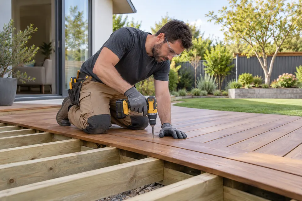 A deck builder in gloves and safety glasses fitting a timber deck board with a cordless driver in a backyard