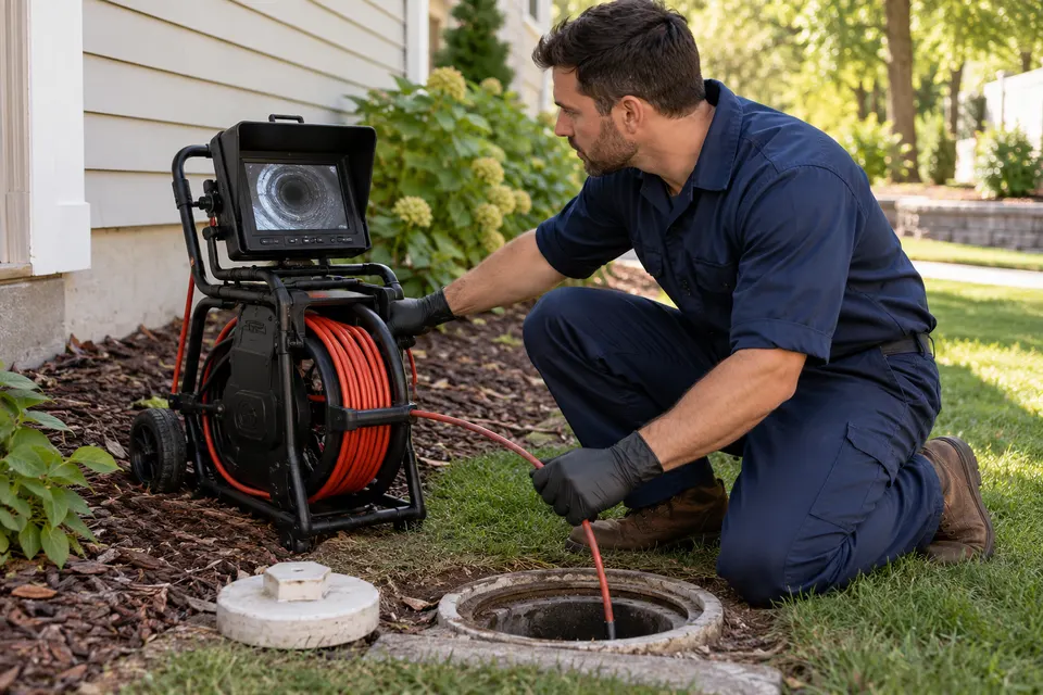 A drain specialist in navy coveralls and gloves operating a drain inspection camera reel beside an outdoor residential sewer cleanout, realistic tidy equipment