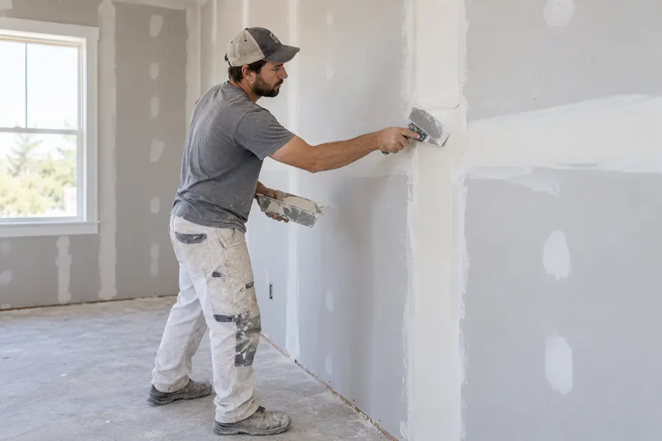 A drywall finisher spreading joint compound with a taping knife over a plasterboard wall seam