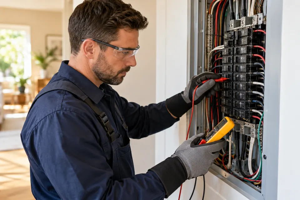 A professional electrician in navy workwear and insulated gloves inspecting a safely de-energized residential electrical breaker panel using a testing meter, realistic wires and careful professional posture