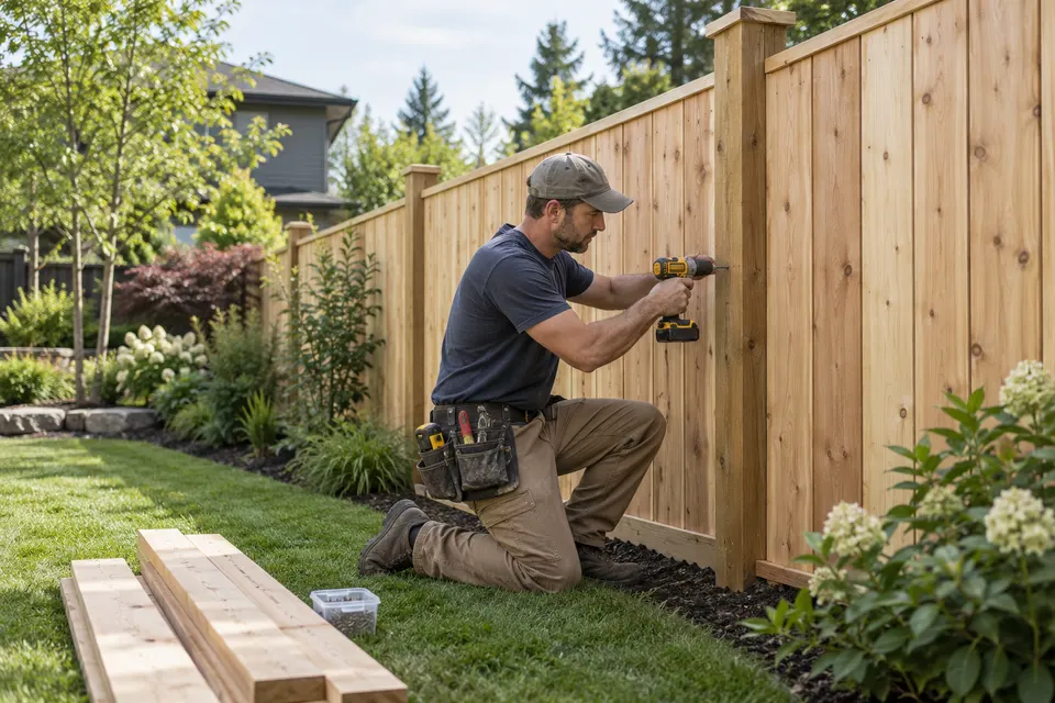A fencing contractor fastening timber fence boards to posts in a neatly landscaped backyard