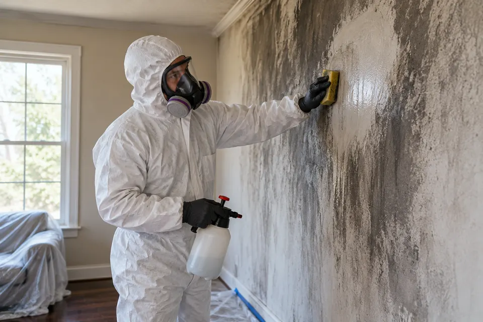 A restoration technician wearing protective coveralls and respirator carefully cleaning a smoke stained interior wall, no fire or victims