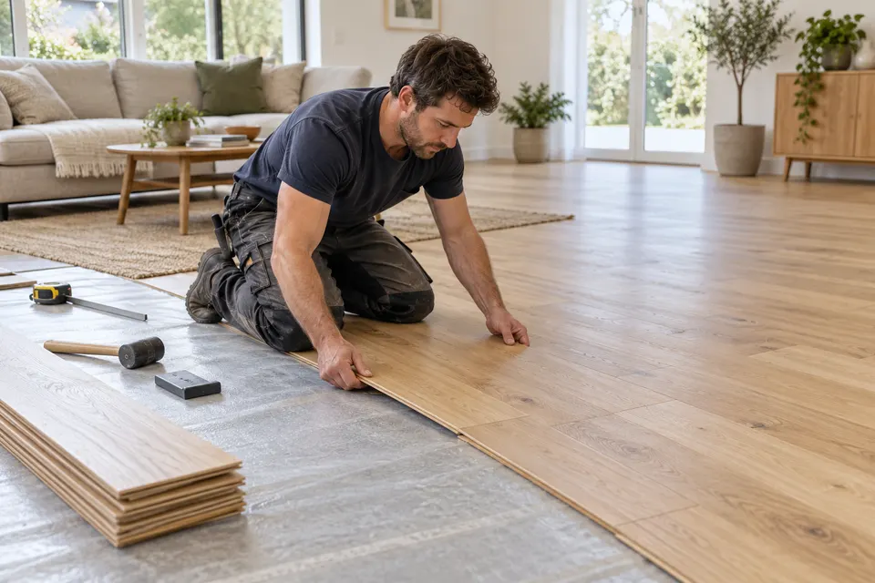 A flooring installer kneeling and fitting a plank of light oak flooring in a bright living room