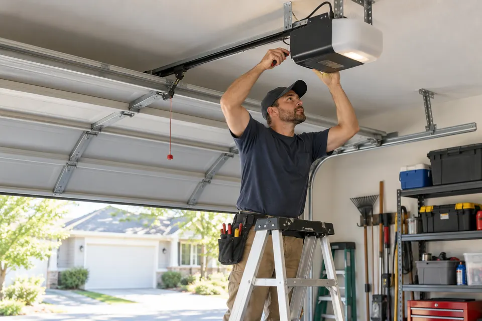 A garage door technician adjusting the overhead opener with a screwdriver from a stable stepladder inside a residential garage