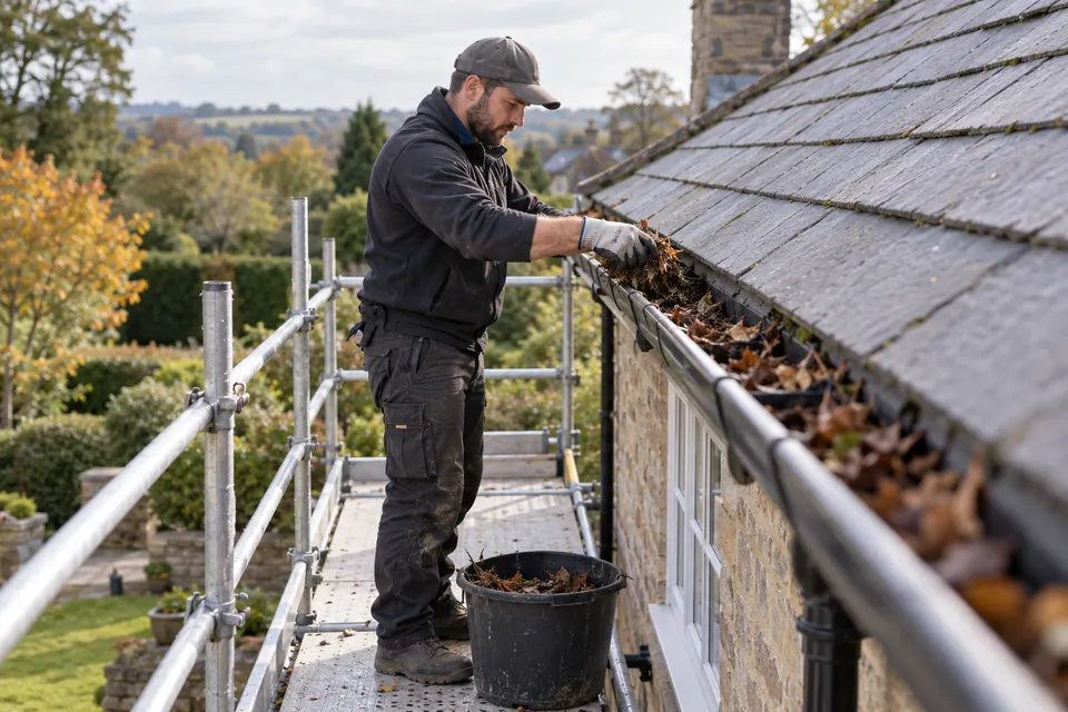 A gutter cleaning specialist working safely from a secured scaffold removing leaves from a house gutter with gloved hands