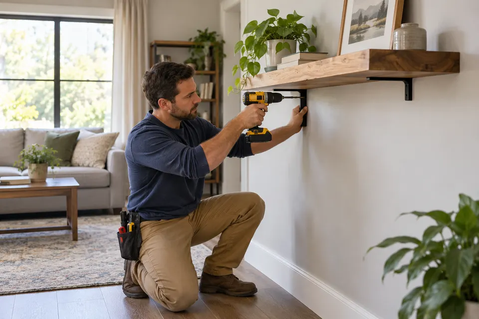 A professional handyman using a cordless drill to securely install a floating shelf on an interior living room wall