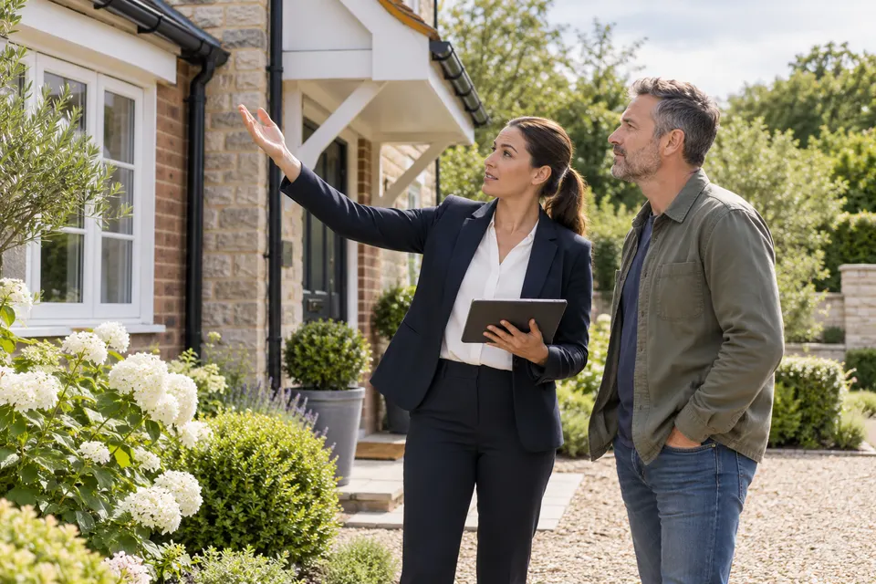 A home insurance advisor holding a tablet and discussing a house exterior with a homeowner in a tidy front garden