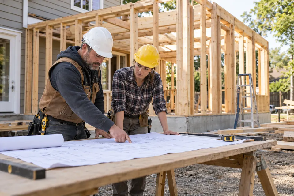 A building contractor and carpenter reviewing a floor plan beside the timber framing of a home addition, hard hats