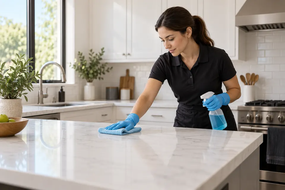 A professional cleaner wearing gloves wiping a bright kitchen countertop with a microfiber cloth