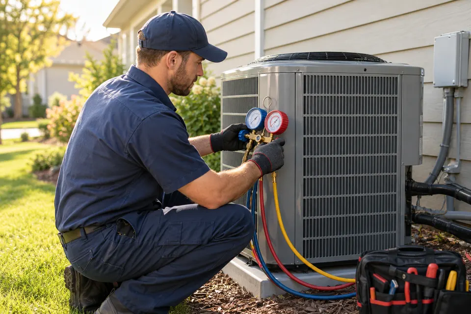 An HVAC technician in navy workwear and gloves checking a central air conditioning outdoor condenser using a manifold gauge set beside a suburban house, realistic equipment