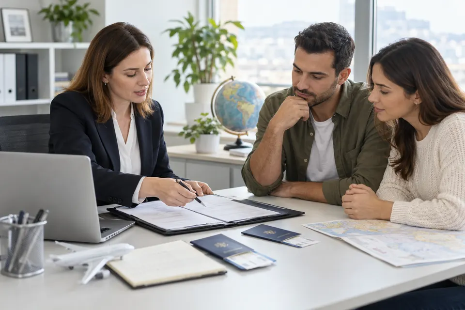 An immigration lawyer reviewing travel document folders with a couple at a bright office desk, no readable personal information
