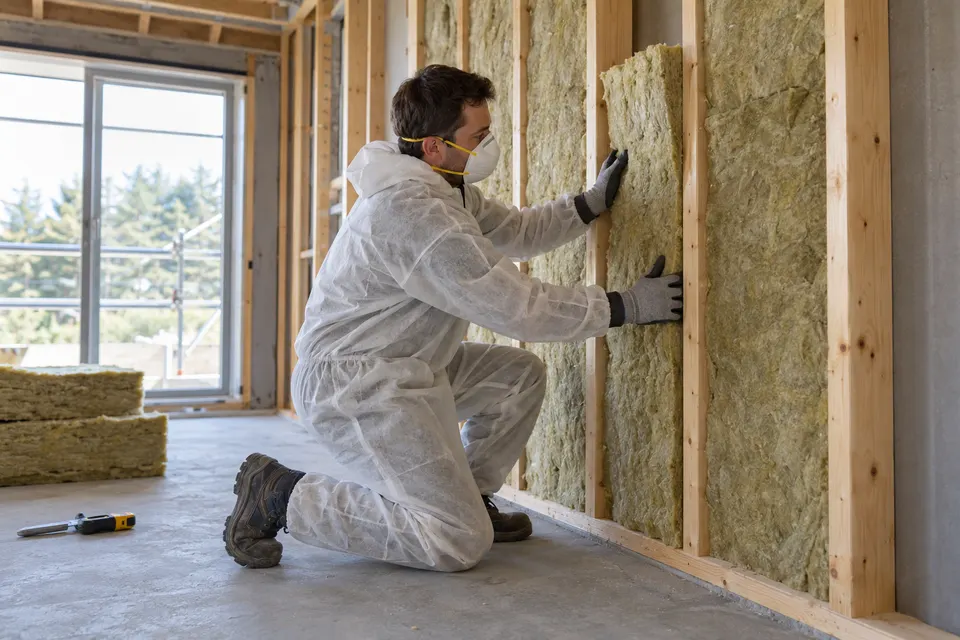 An insulation technician wearing mask gloves and coveralls fitting mineral wool insulation between wall studs
