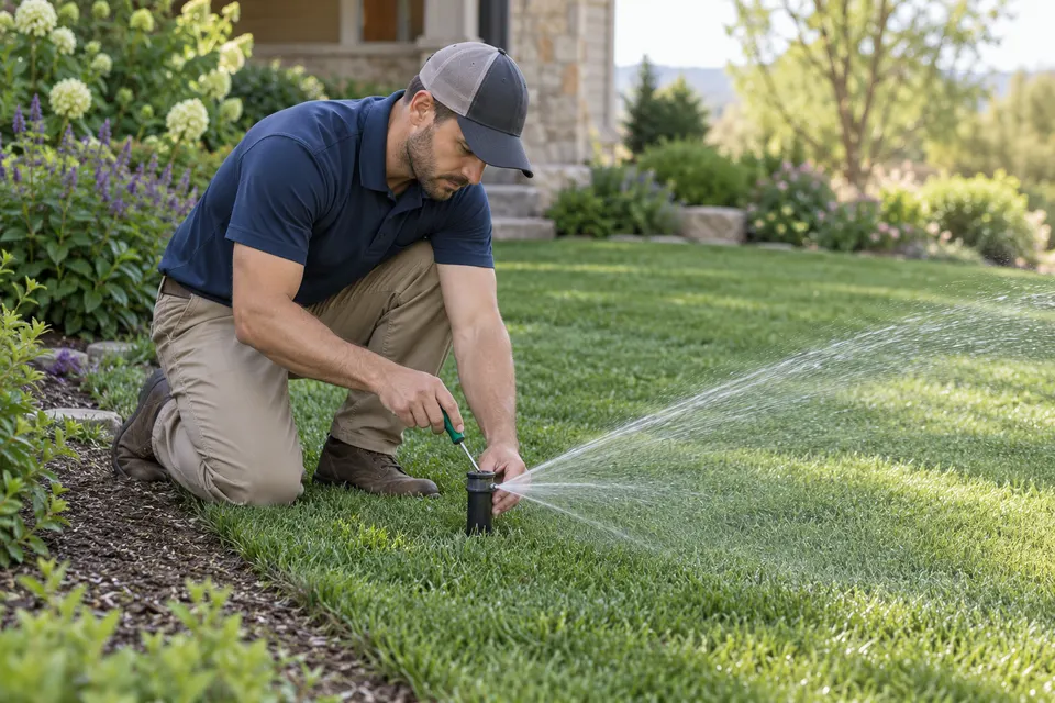 An irrigation technician kneeling on a lawn adjusting a sprinkler head with a small tool