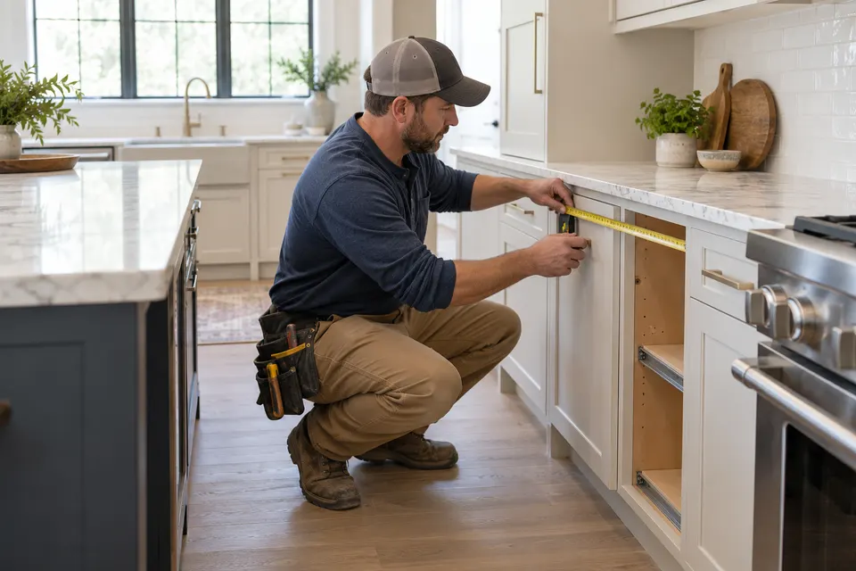 A kitchen remodeling professional measuring new kitchen cabinetry beside a clean countertop in a bright home