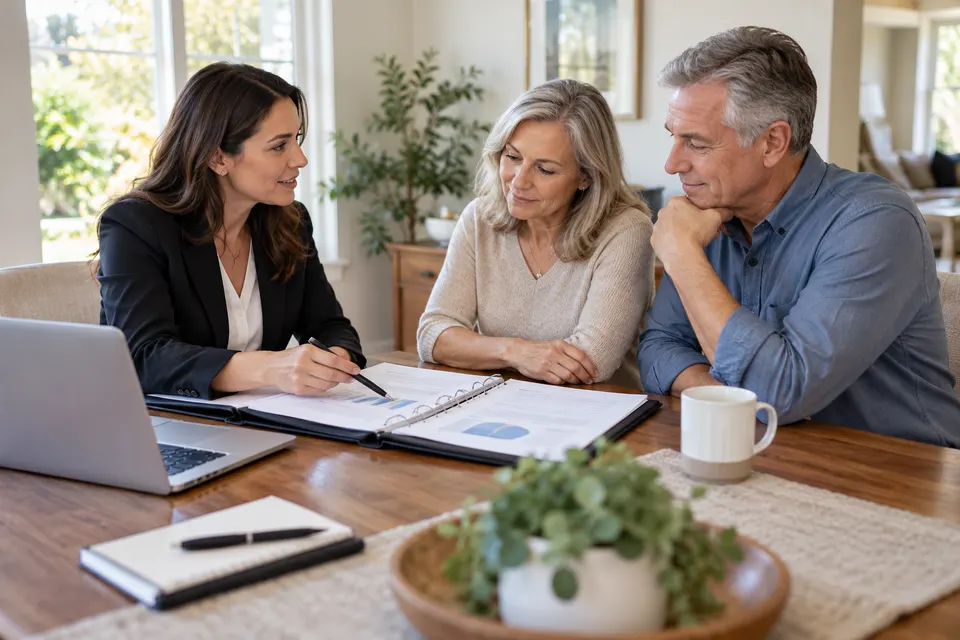 A life insurance advisor discussing a planning folder with adult parents at a bright home dining table