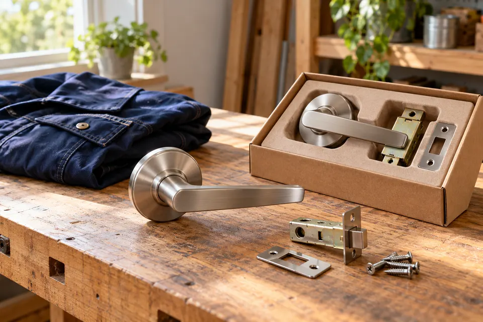 New residential door hardware arranged on a professional maintenance workbench