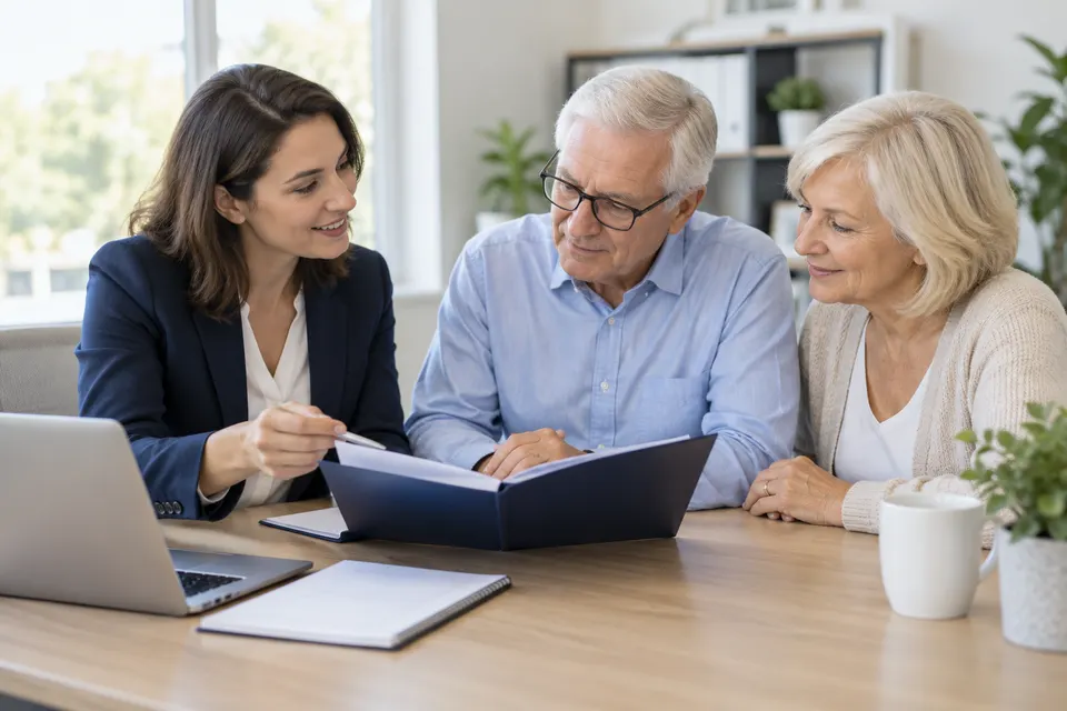 An insurance advisor discussing a simple plan folder with a senior couple at a bright office desk, no medical treatment