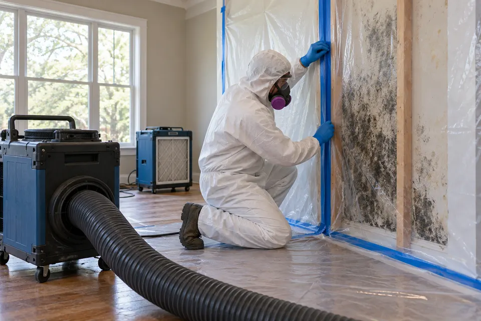A mold remediation technician in protective coveralls respirator and gloves sealing a contained damaged wall area with HEPA equipment nearby