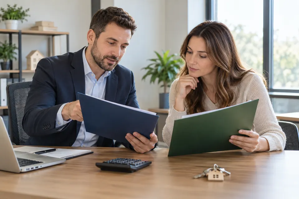 A mortgage advisor comparing two document folders with a homeowner at a clean office desk with a calculator and house keys