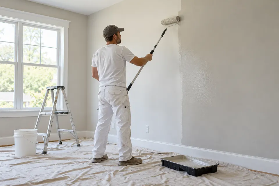 A professional painter rolling fresh neutral paint onto an interior wall, floor protected with clean drop cloth