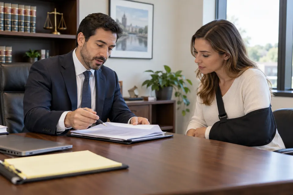 A personal injury lawyer in a professional office discussing documents with an adult client wearing a simple arm sling, calm respectful consultation