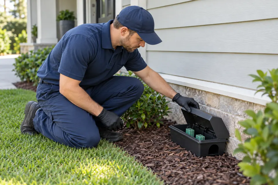 A pest control technician in navy uniform and gloves inspecting a sealed bait station near the exterior wall of a tidy home, no chemical spraying