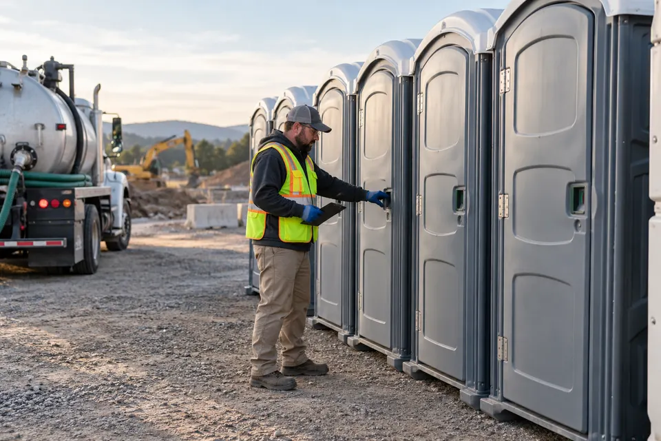 A portable sanitation service technician wearing work gloves and high visibility vest checking a row of clean portable toilets at an outdoor worksite