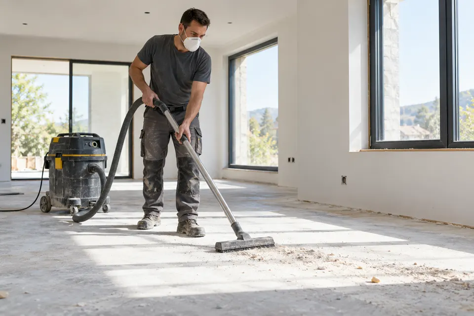 A professional cleaner vacuuming construction dust from the floor of a newly renovated bright room, protective mask