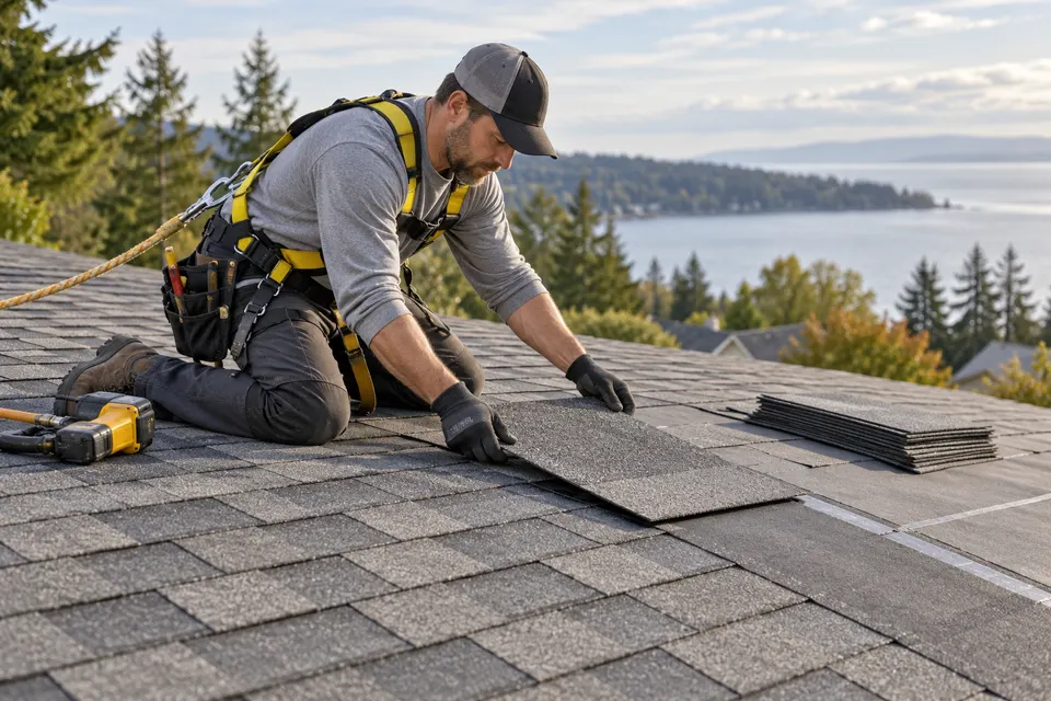 A roofer wearing a secured safety harness kneeling on a low-pitch shingle roof, carefully fitting a replacement asphalt shingle