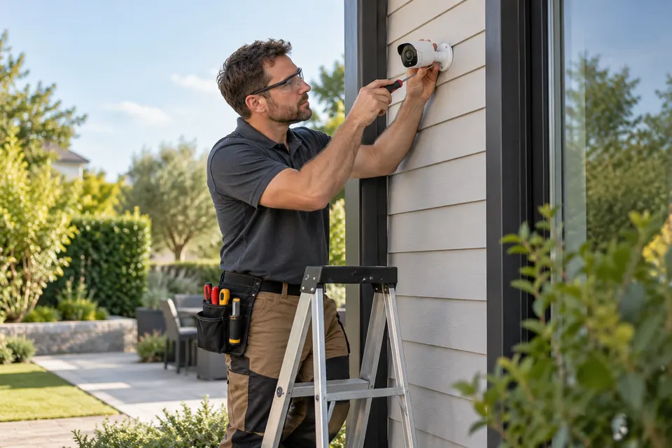 A camera installer wearing safety eyewear fitting a small exterior security camera from a stable low stepladder beside a house