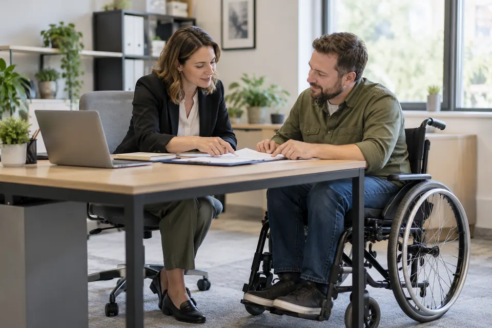 A disability benefits advisor reviewing paperwork with an adult wheelchair user at an accessible office desk