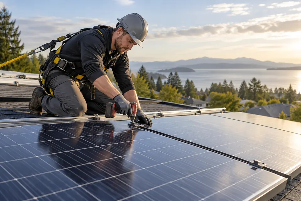 A solar technician in a safety harness securing photovoltaic panels on a low pitch residential roof