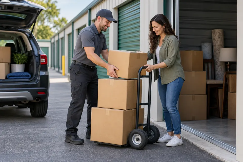 A storage facility professional helping a customer place labeled moving boxes onto a hand truck outside a clean self storage unit, no readable labels