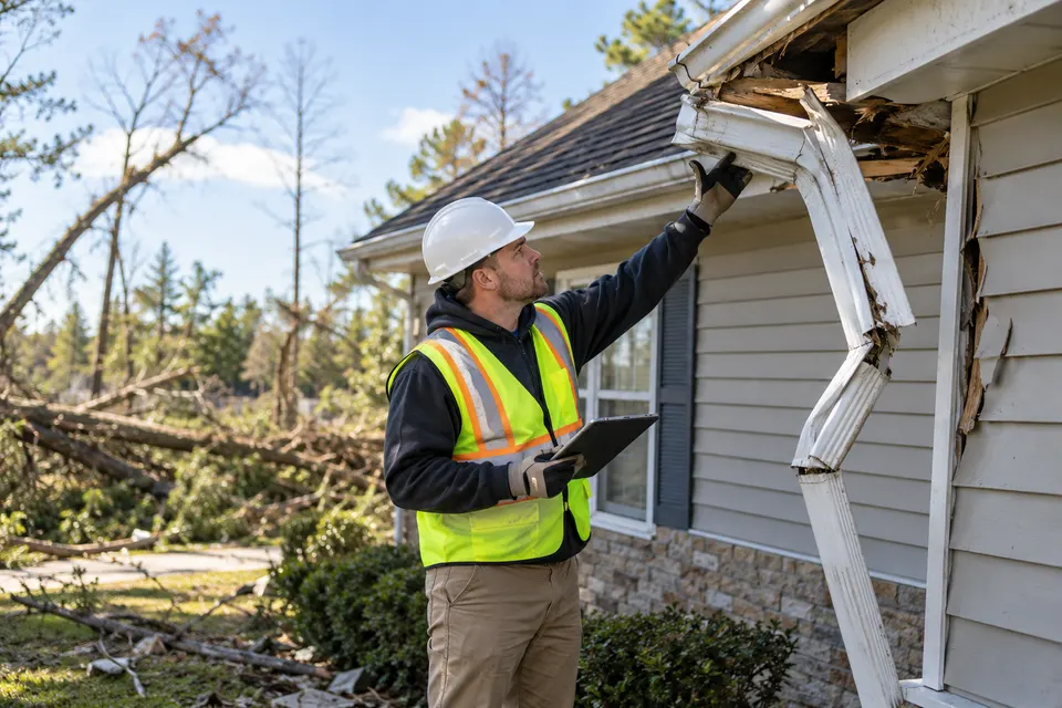 A storm restoration worker in hard hat examining a broken exterior house gutter and damaged siding after a storm on a clear day, no disaster victims