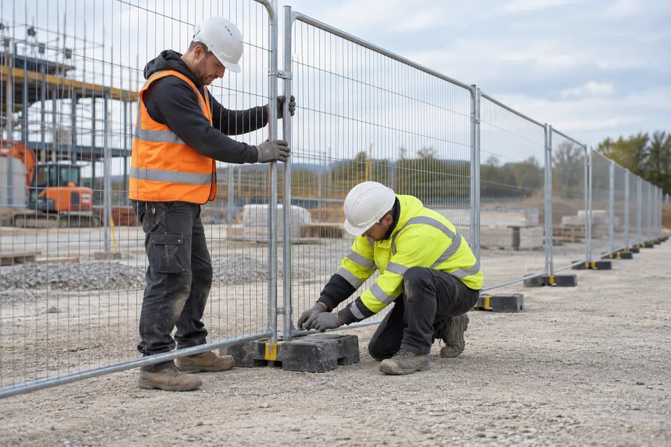 Two workers wearing gloves and hard hats assembling a temporary mesh fence panel on weighted feet at a tidy construction perimeter